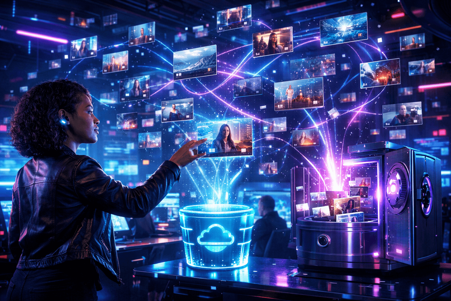 Corporate media archive visualization showing organized folders and AI-searchable metadata