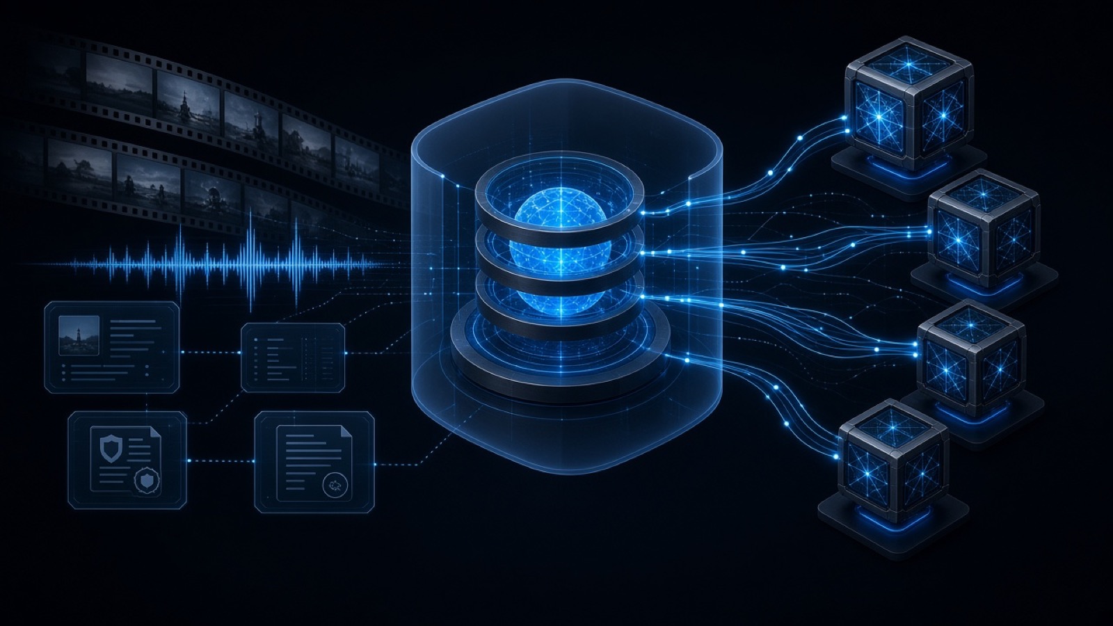 A protected media knowledge core connected through a controlled orchestration layer to several interchangeable AI model modules