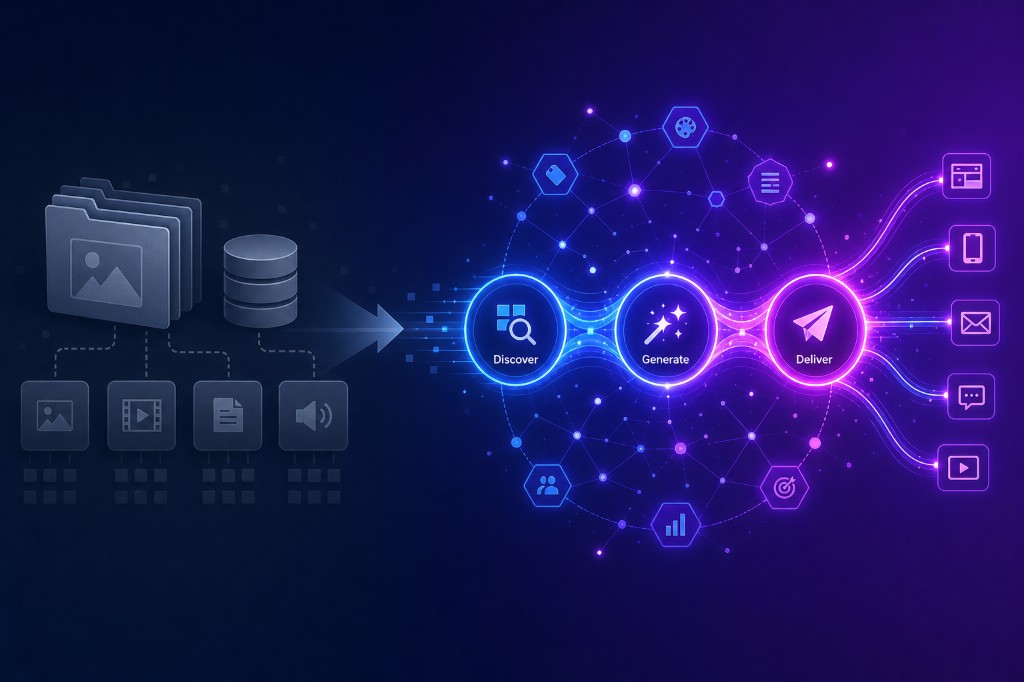 Discover, Generate, Deliver agentic media platform workflow from DAM storage to multi-channel delivery