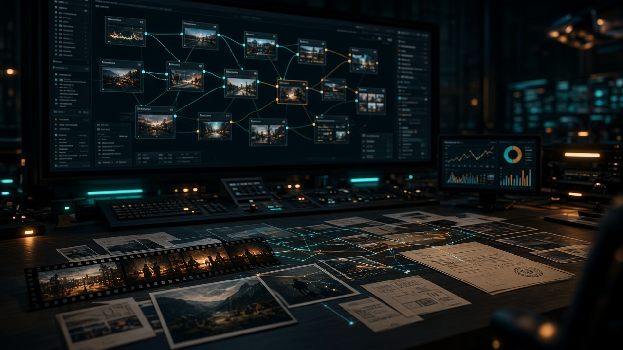 A media operations canvas connecting video assets, metadata records, rights documents, and analytics into shared context for AI agents
