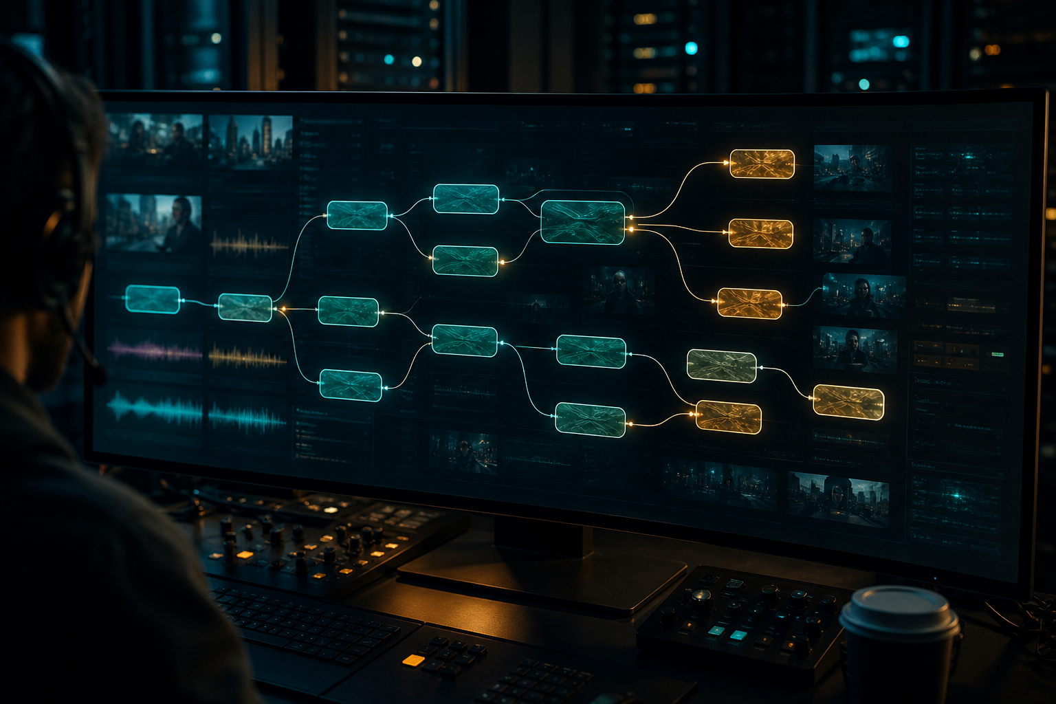 A media workflow development canvas showing deterministic automation nodes and AI agent nodes connected from experiment to production