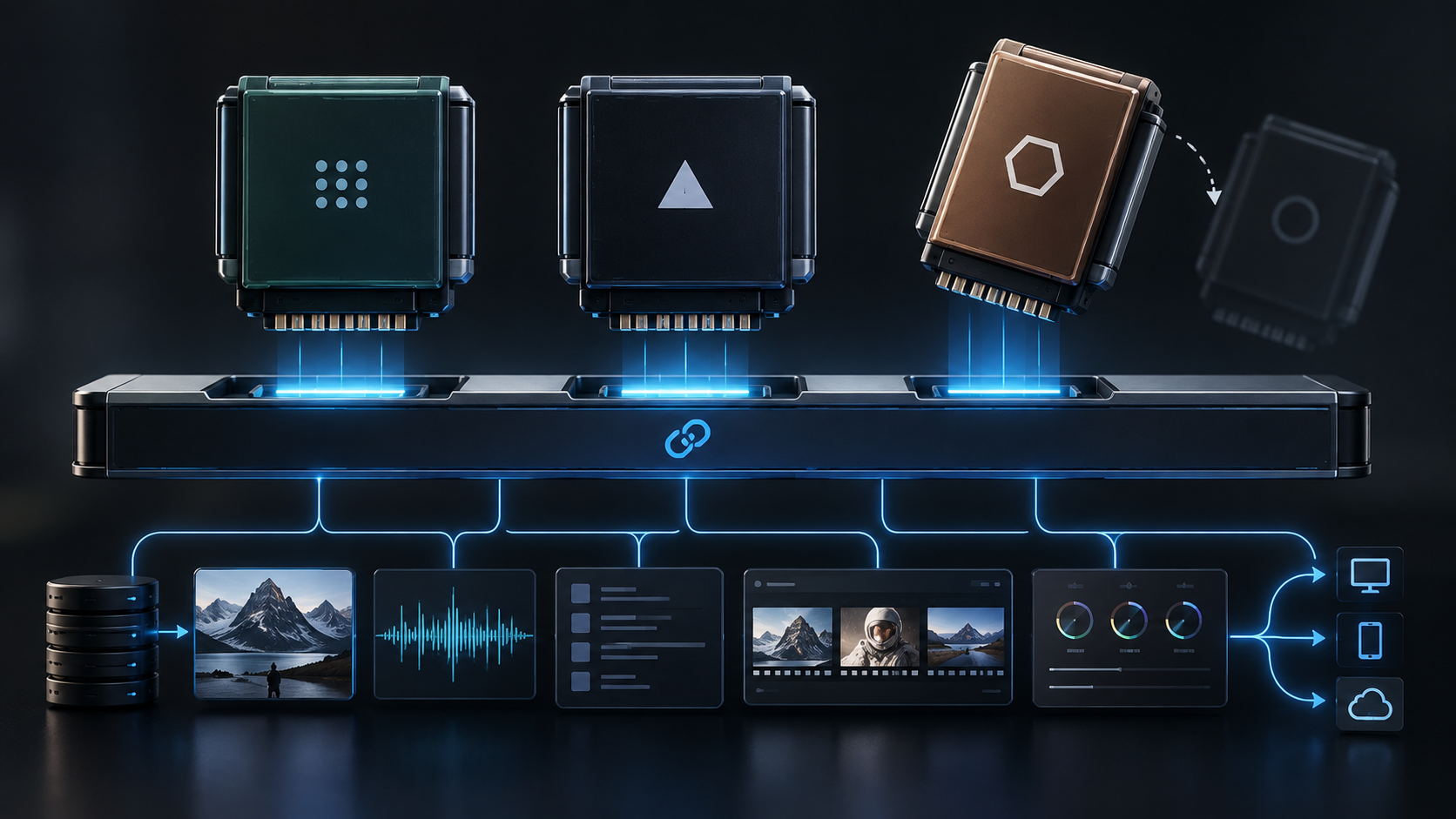Three interchangeable AI model modules plugging into one open connector rail above a media pipeline that flows from storage through image, audio and review panels out to multiple devices