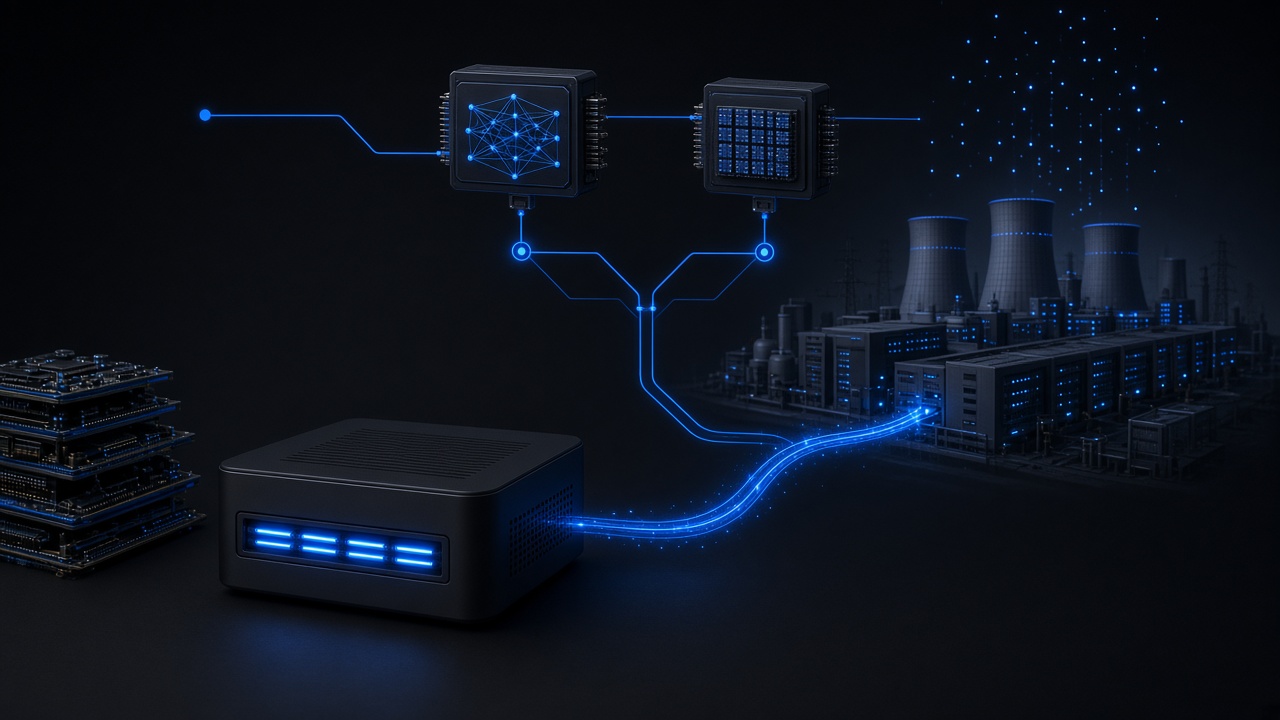 A desk-sized computer and a distant data center on the same power line, with a workflow above both that can send a job to either one