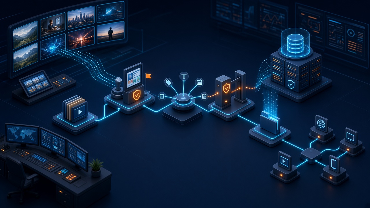 Abstract media operations control room showing connected archives, brand review checkpoints, metadata nodes, compliance gates, and delivery endpoints