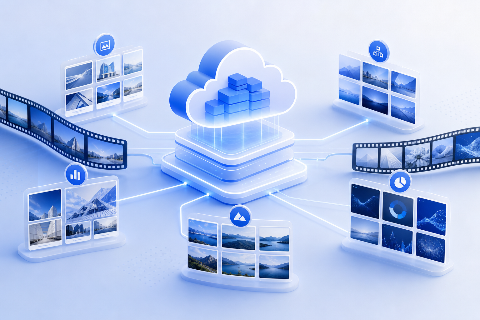 Corporate media archive visualization showing organized cloud storage and searchable media library