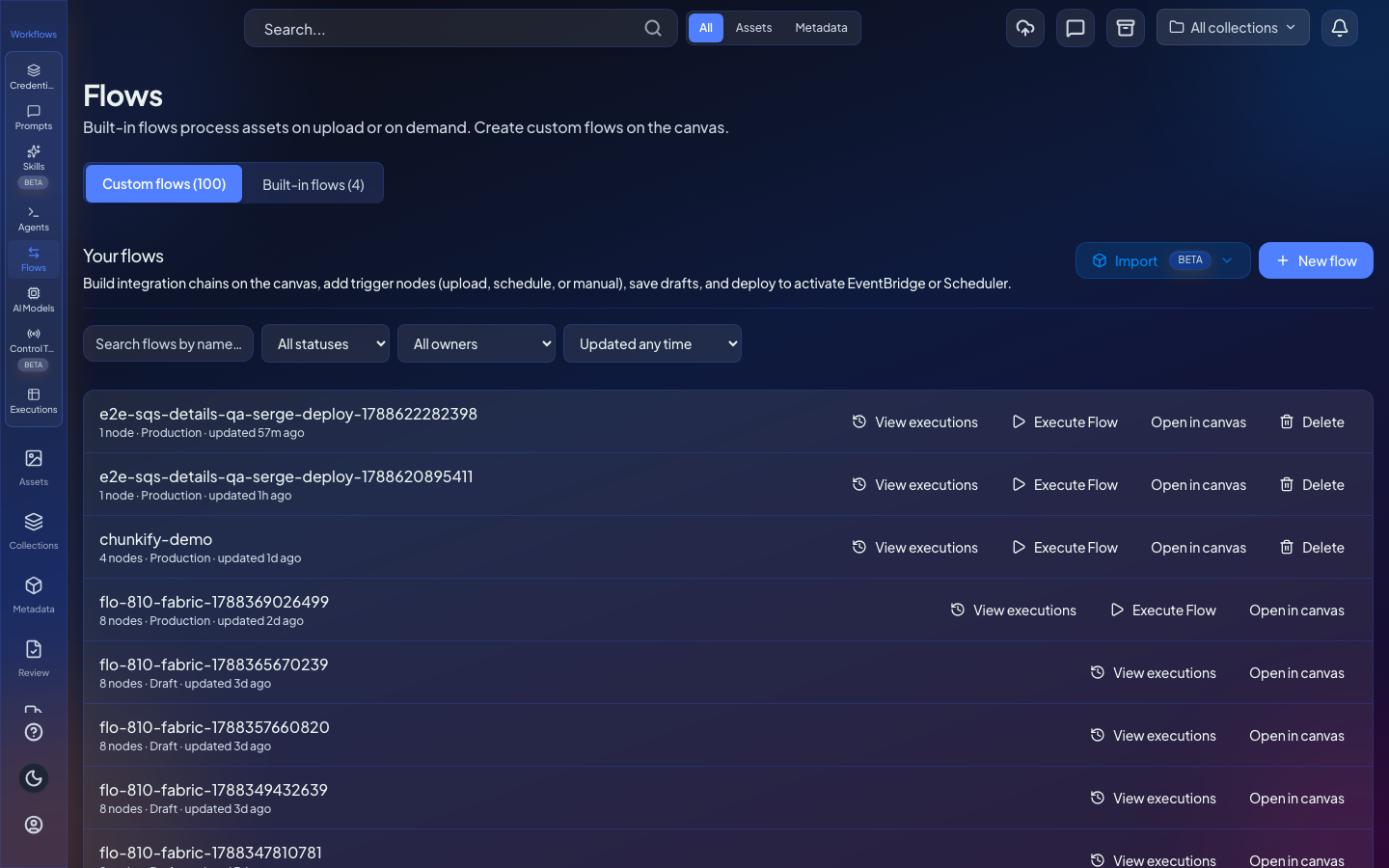 Workflows list with import entry points