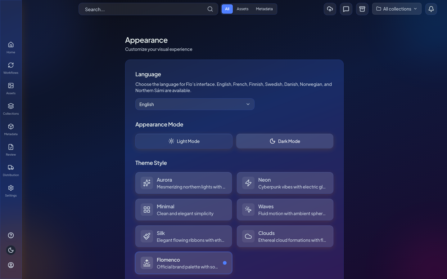 In-app appearance and language settings
